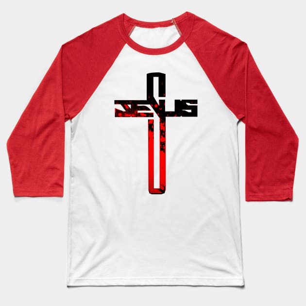 Red and Black Jesus Cross Baseball T-Shirt by AlondraHanley